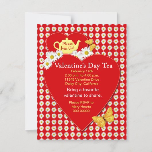 バレンタインのお茶会のデイジーの小さい招待状 招待状 (裏面)