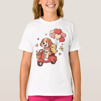 バレンタインのかわいい犬のスクーターとハートバルーン オリジナルグッズ Tシャツ