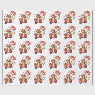 バレンタインのかわいい犬のスクーター ハートバルーン オーダーメイド ラッピングペーパー