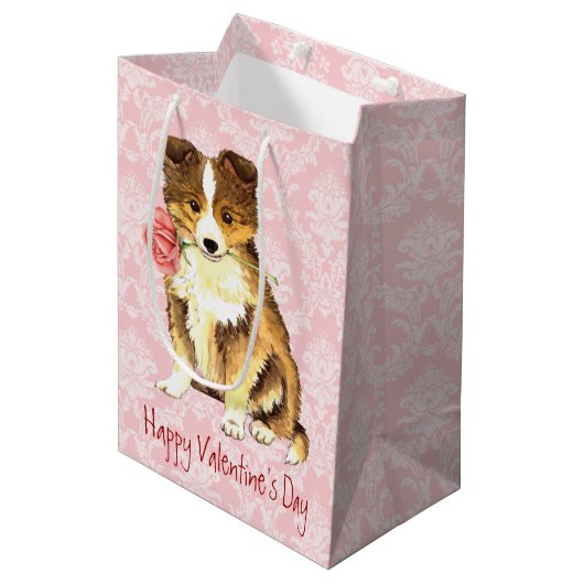 バレンタインのばら色のシェットランド・シープドッグ ミディアムペーパーバッグ (正面アングル)