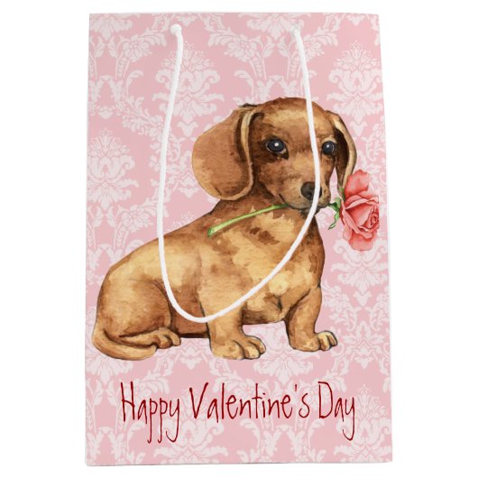 バレンタインのばら色のダックスフント ミディアムペーパーバッグ (正面)