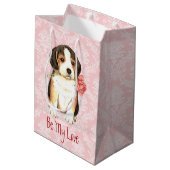 バレンタインのばら色のビーグル犬 ミディアムペーパーバッグ (裏面アングル)