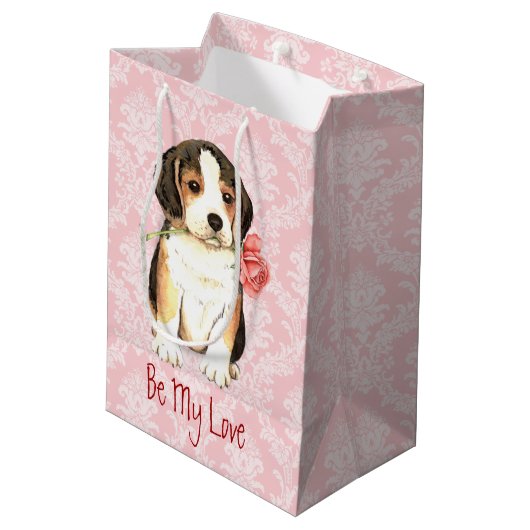 バレンタインのばら色のビーグル犬 ミディアムペーパーバッグ (裏面アングル)