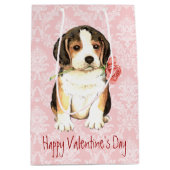 バレンタインのばら色のビーグル犬 ミディアムペーパーバッグ (正面)