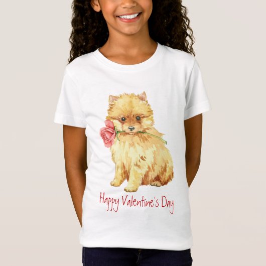 バレンタインのばら色のポメラニア犬 Tシャツ (正面)