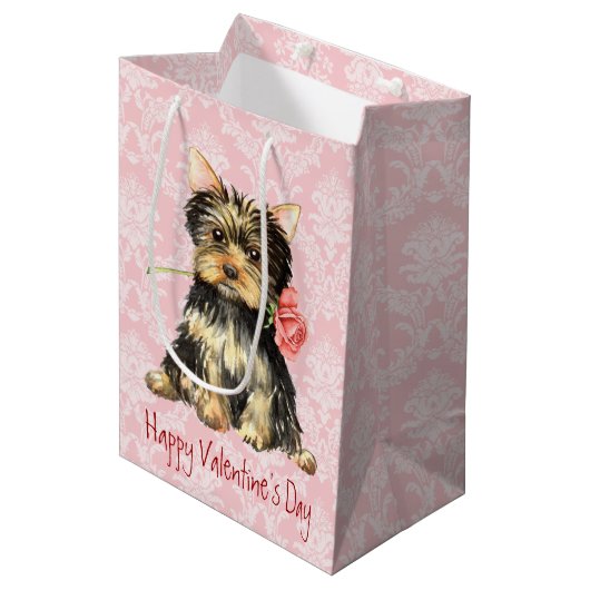 バレンタインのばら色のヨークシャーテリア ミディアムペーパーバッグ (正面アングル)