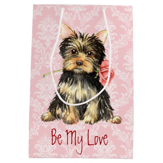 バレンタインのばら色のヨークシャーテリア ミディアムペーパーバッグ (裏面)