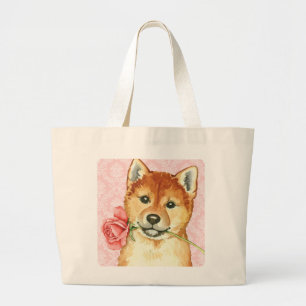 バレンタインのばら色の柴犬 ラージトートバッグ