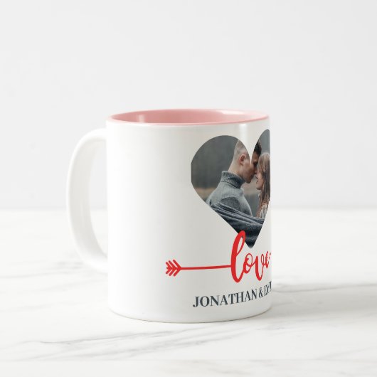 バレンタインのカップルカスタムハートパーソナライズされた写真 ツートーンマグカップ (正面左)