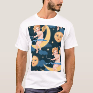 バレンタインのキューピッド、月:シームレスなパターン Tシャツ