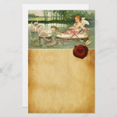 バレンタインのキューピッド、白鳥によって引っ張られた、赤いワックスシール 便箋 (正面/裏面)