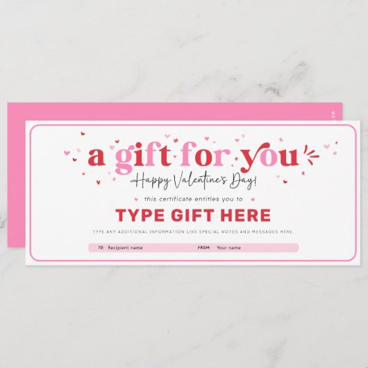 バレンタインのギフト伝票証明書テンプレート 招待状 (正面/裏面)