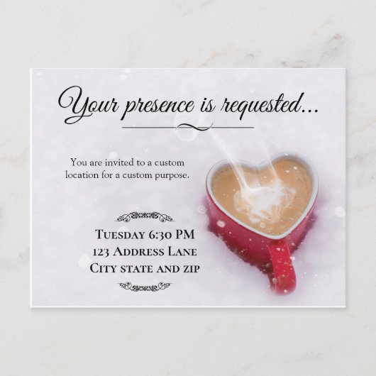 バレンタインのコーヒー雪のテーマの招待状カード 案内ポストカード (正面)