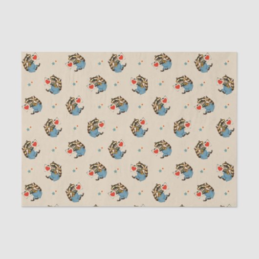 バレンタインのティッシュペーパーを持つ愛らしいレトロのアライグマ 薄葉紙 (正面)