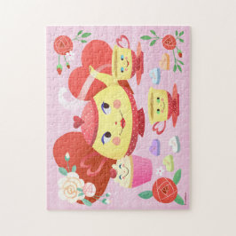 バレンタインのティーポット、ティーカップとバラとハート ジグソーパズル