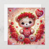 バレンタインのテディベアと赤いハートの風船の愛 シーズンカード (正面/裏面)