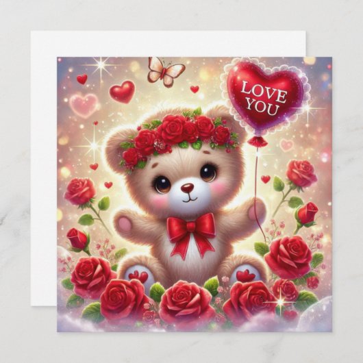 バレンタインのテディベアと赤い風船 愛してる シーズンカード (正面/裏面)