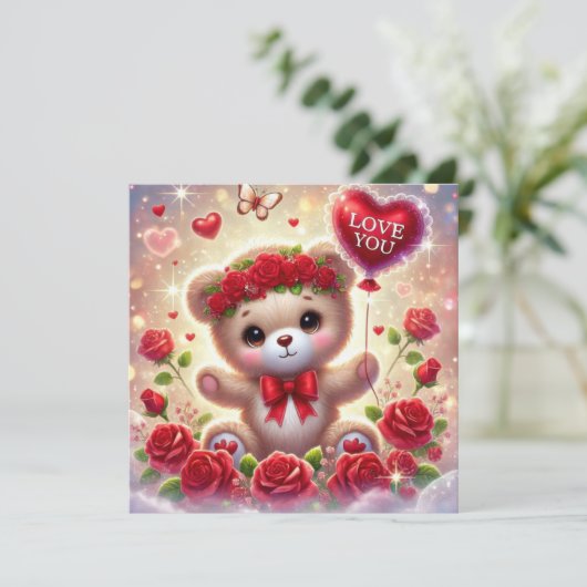 バレンタインのテディベアと赤い風船 愛してる シーズンカード (スタンド正面)