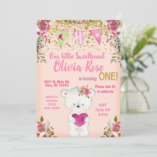 バレンタインのテディベア最初の誕生日招待状。 招待状 (スタンド正面)