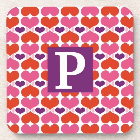 バレンタインのハートのキルトのモノグラム コースター (正面)