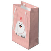 バレンタインのハートの柔らかく白いポメラニア犬 スモールペーパーバッグ (裏面アングル)