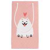 バレンタインのハートの柔らかく白いポメラニア犬 スモールペーパーバッグ (正面)