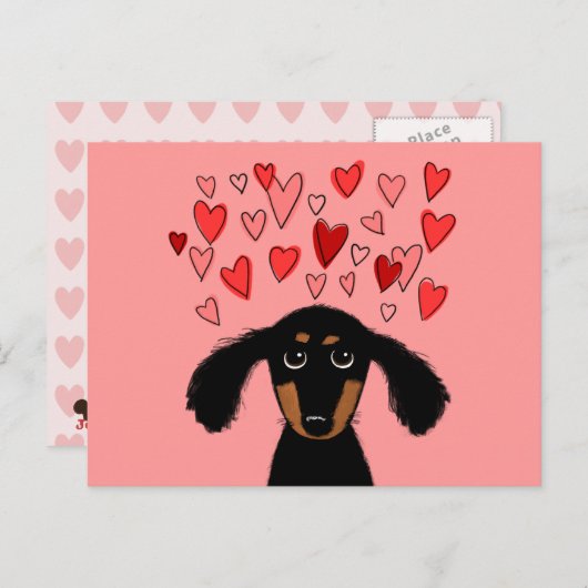 バレンタインのハートを持つかわいいダックスフントの漫画犬 シーズンポストカード (正面/裏面)