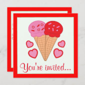 バレンタインのハートを持つアイスクリームパーティー 招待状 (正面/裏面)