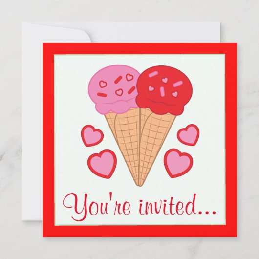 バレンタインのハートを持つアイスクリームパーティー 招待状 (正面)