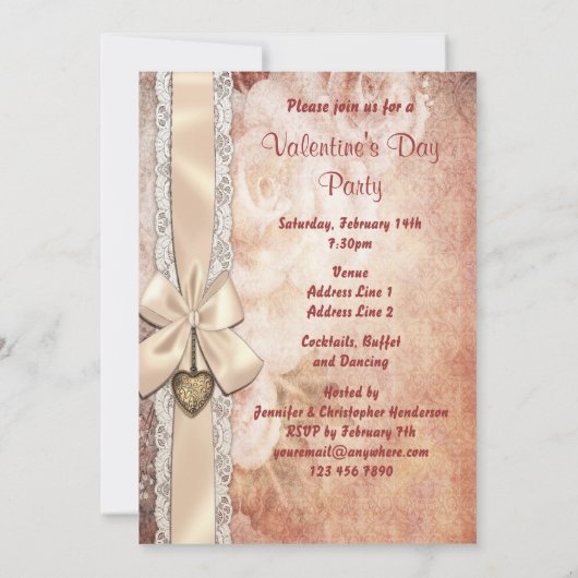 バレンタインのパーティーのヴィンテージのダマスク織のバラ及び弓 招待状 (裏面)