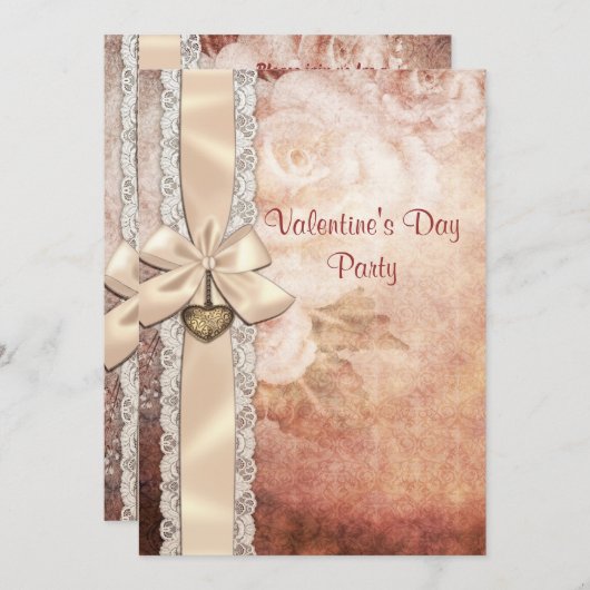 バレンタインのパーティーのヴィンテージのダマスク織のバラ及び弓 招待状 (正面/裏面)