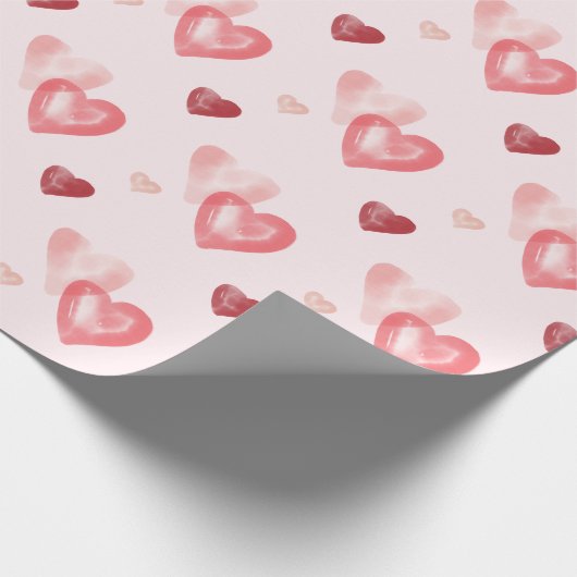 バレンタインのピンクと赤の水カラーハートパターン ラッピングペーパー (角)