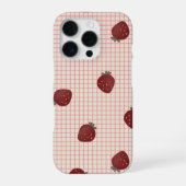 バレンタインのピンクグリッドに水彩のイチゴ iPhoneケース (裏面)