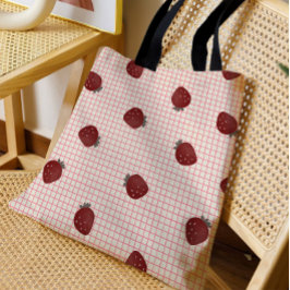 バレンタインのピンクグリッドに水彩イチゴ トートバッグ