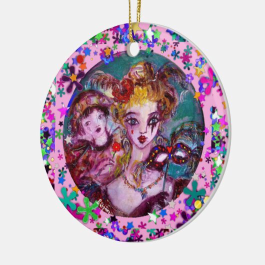 バレンタインのベニス風の仮面舞踏会のマスクおよび紙吹雪 セラミックオーナメント (左)