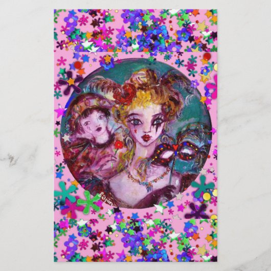 バレンタインのベネチアン仮装マスクピンク紙吹雪 便箋 (正面)