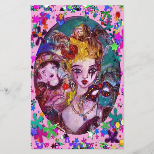 バレンタインのベネチアン仮装マスクピンク紙吹雪 便箋 (正面)