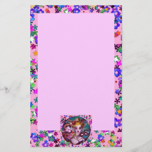 バレンタインのベネチアン仮装マスクピンク紙吹雪 便箋 (正面)