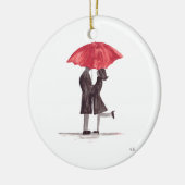 バレンタインのロマンチックなカップル赤い傘 セラミックオーナメント (左)
