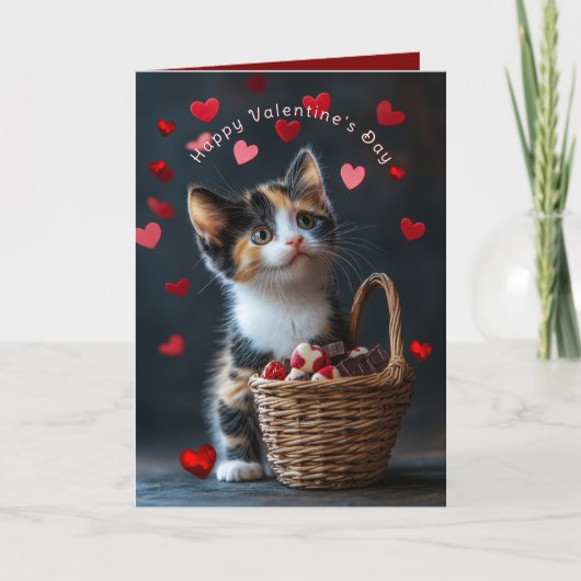 バレンタインの三毛の子猫チョコレート赤いハート カード (正面)