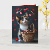 バレンタインの三毛の子猫チョコレート赤いハート カード (黄色い花)