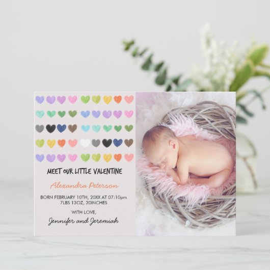 バレンタインの出生発表カラフル甘いハート 案内状 (スタンド正面)