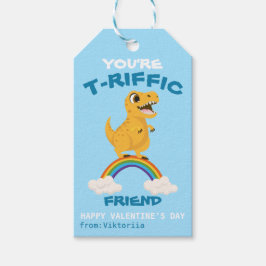 バレンタインの学校の少年たちは恐竜のTレックス虹 ギフトタグ