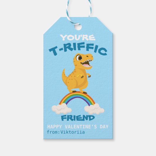 バレンタインの学校の少年たちは恐竜のTレックス虹 ギフトタグ (正面)