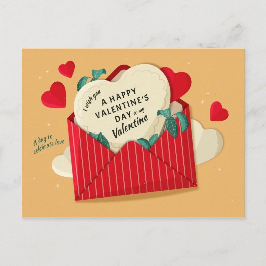 バレンタインの封筒とポップハート シーズンポストカード (正面)