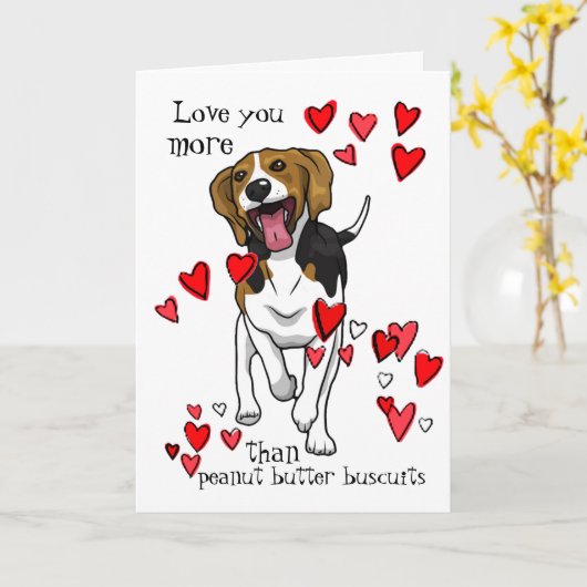 バレンタインの愛の気持ちを伝えるピーナッツバター好きのビーグル犬のカード カード (黄色い花)