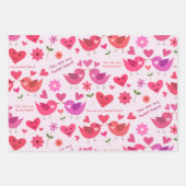 バレンタインの愛の鳥は赤とピンクのパターン ラッピングペーパーシート (正面2)