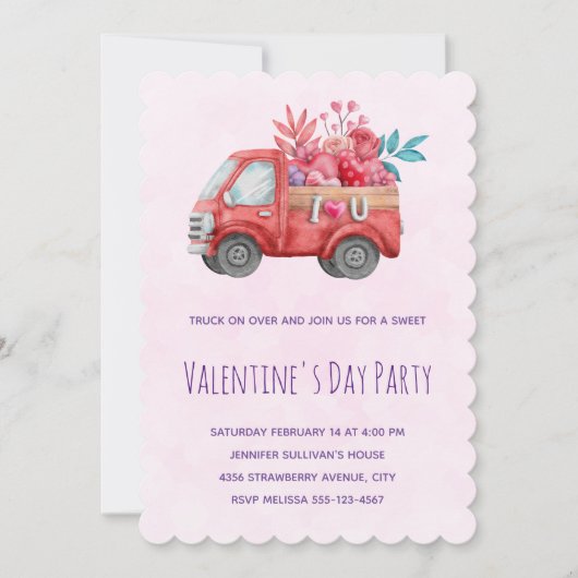 バレンタインの愛らしいトラックがグッズを運ぶ 招待状 (正面)