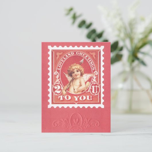 バレンタインの挨拶キューピッドレッドスタンプ ポストカード (スタンド正面)
