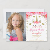 バレンタインの日ピンクの赤い金ゴールドユニコーンの少女の写真 招待状 (正面)